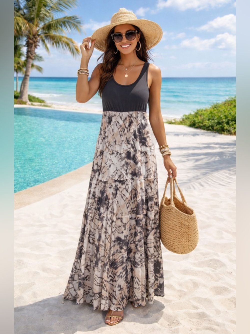Chic Grey and Cream Maxi Dress